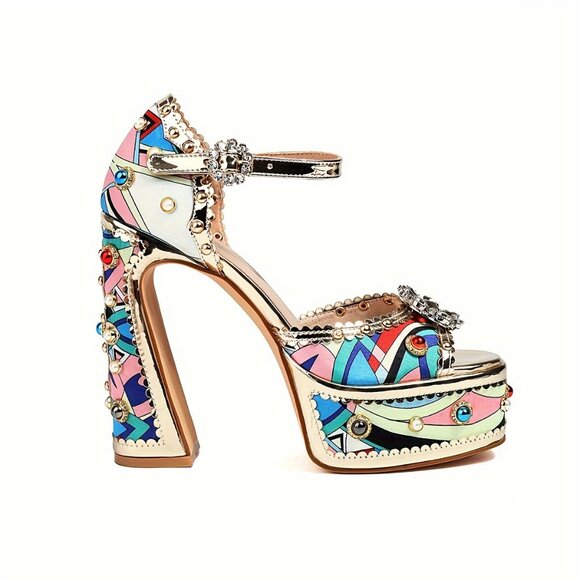 Women's Floral Rhinestone Embellished Block Heel Sandals - Picture 3 of 8